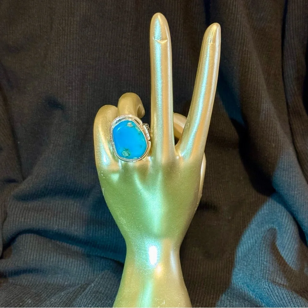 Turquoise Gemstone Natural Turquoise Stone 925 Sterling Silver Statement Ring - Picture 6 of 9